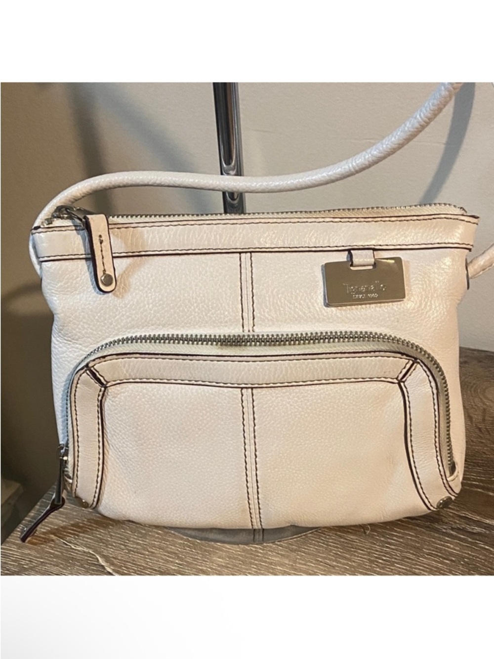 Tignanello Cream Pebbled Leather Crossbody with Front Zip Pocket